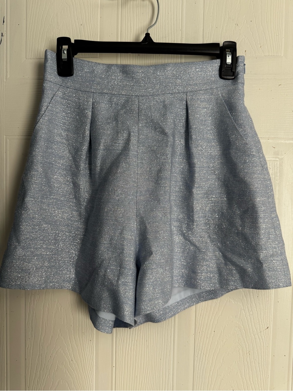 HUNTER BELL Light Blue Sparkle High-Waist Pleated Shorts